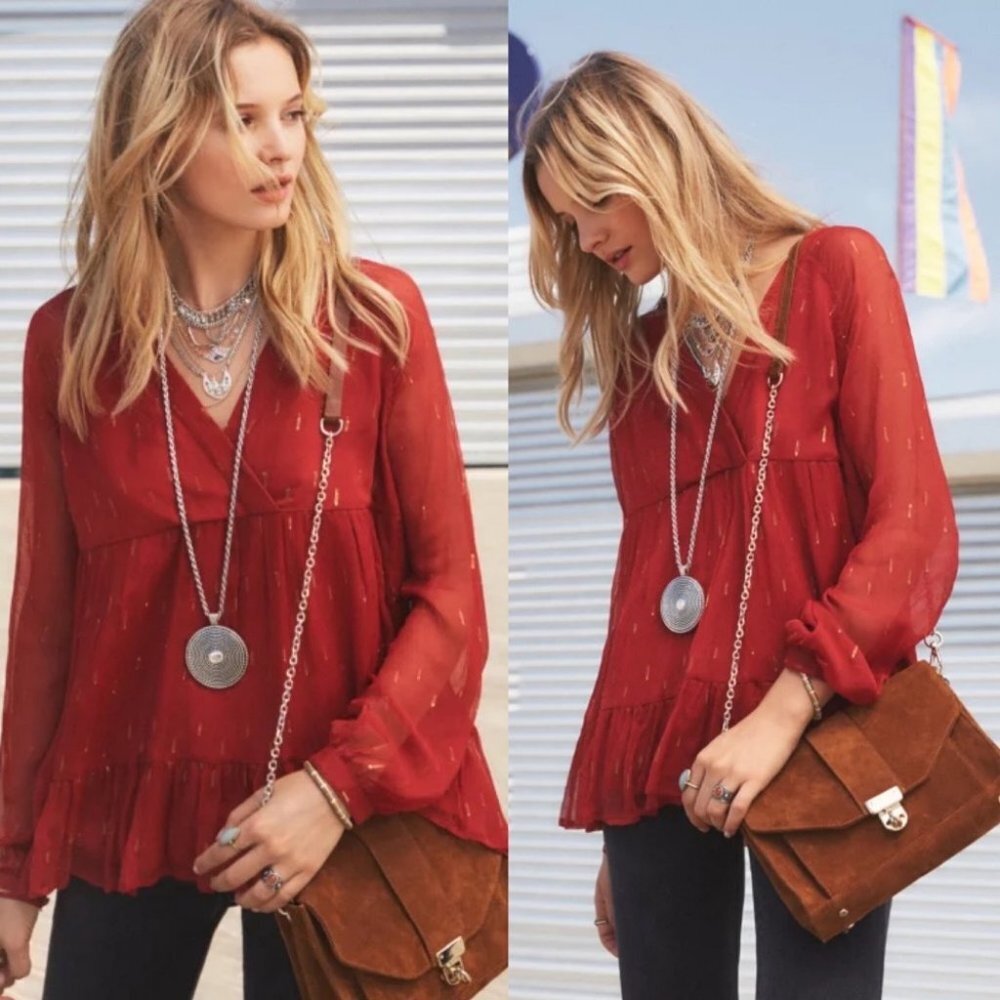 Sezane French Tiered Blouse Red Gold Flecks Stella Top Sheer Size 40 or 8 Boho